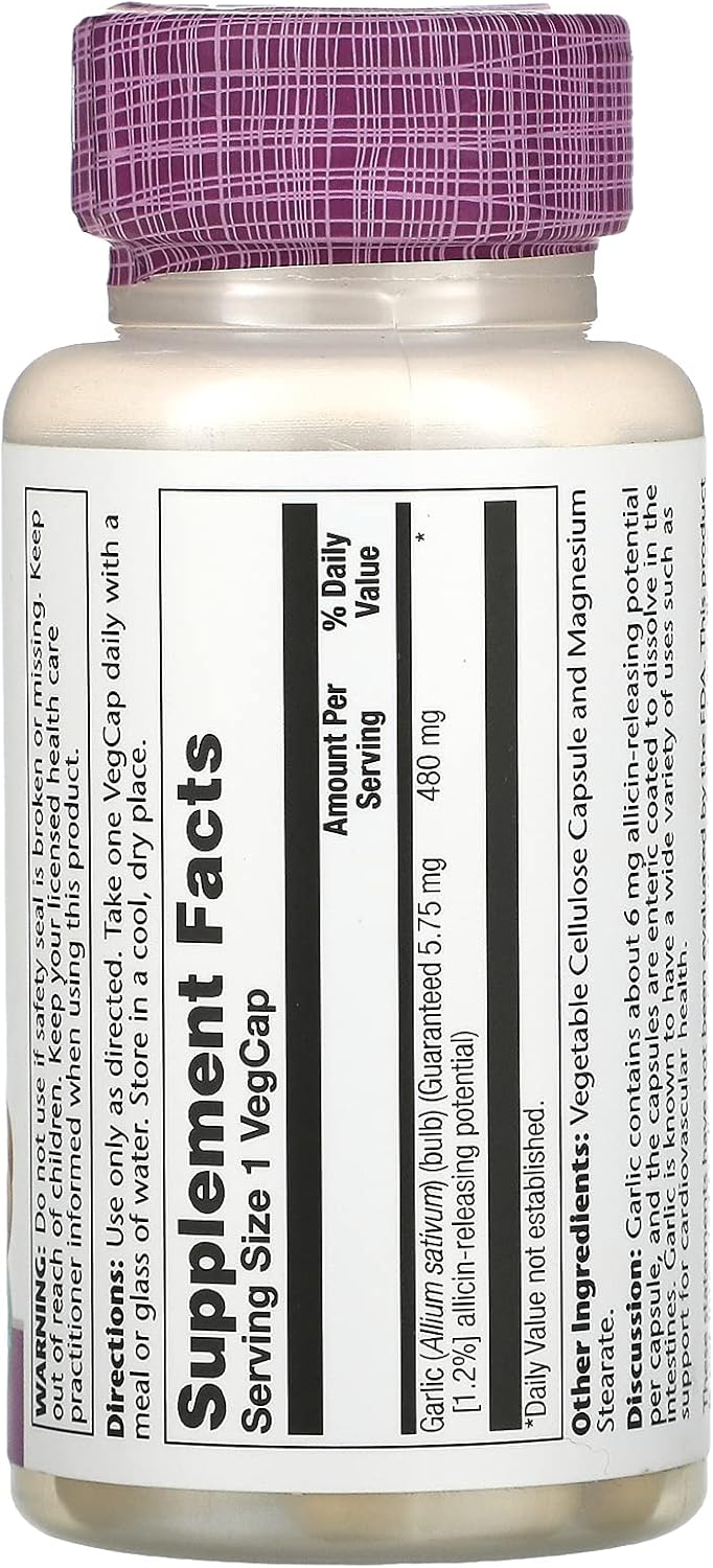 SOLARAY Garlic Supplement Capsules - 500mg, 60 Count Bottle for Immune Support and Heart Health