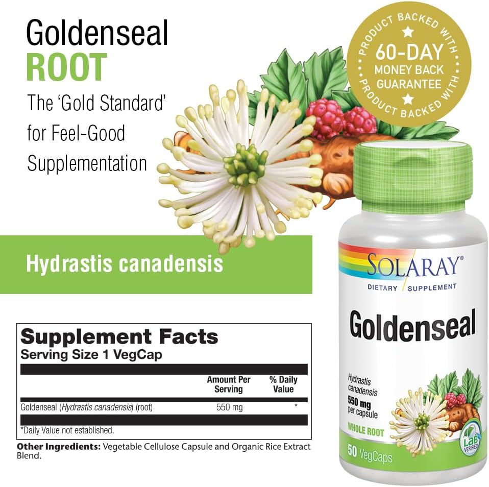 Solaray Goldenseal Root Capsules - 550mg for Digestive, Immune & Respiratory Health - Non-GMO, Vegan, Lab Verified - 50 Count