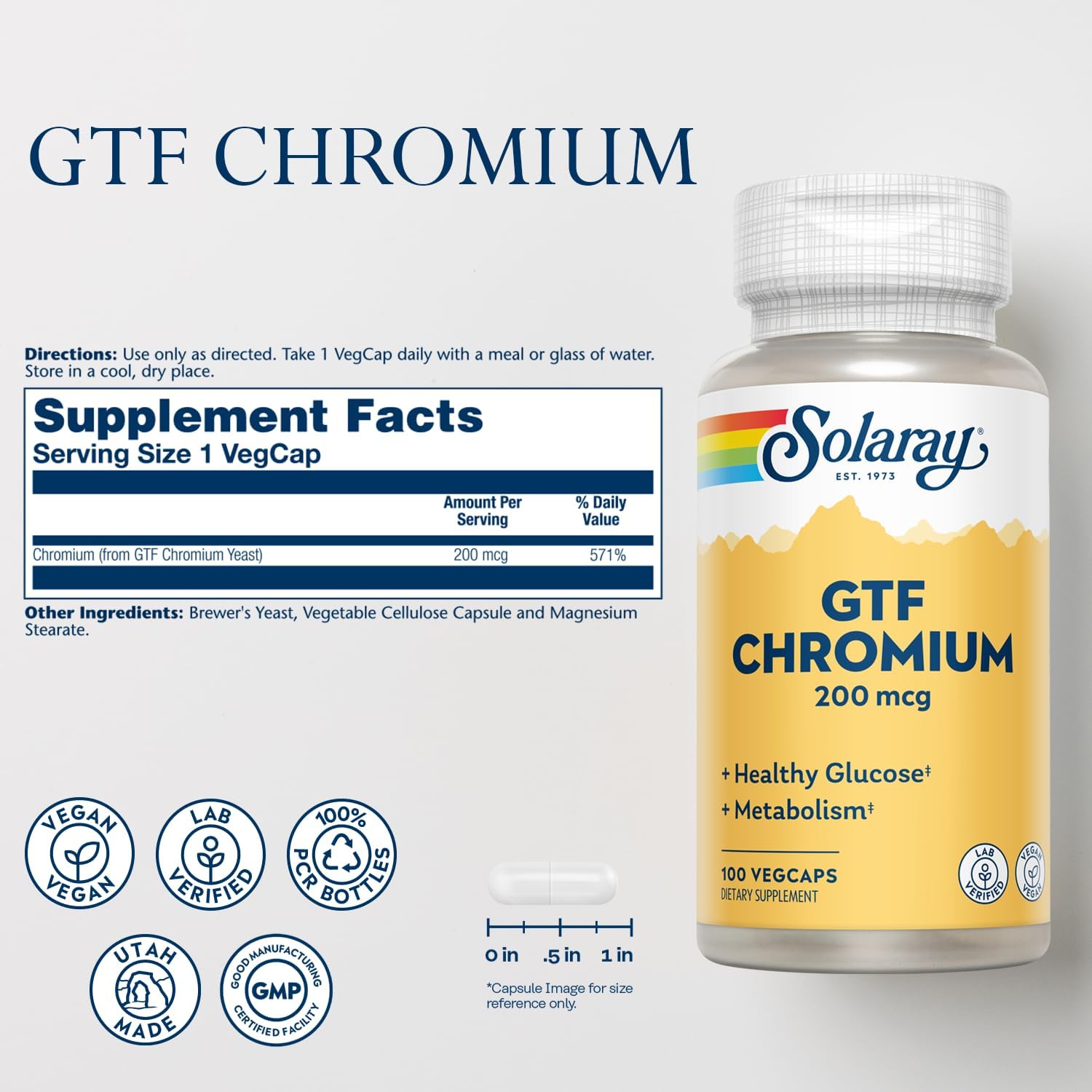 Solaray GTF Chromium Capsules - 200mcg - 100 Count - Essential Mineral Supplement