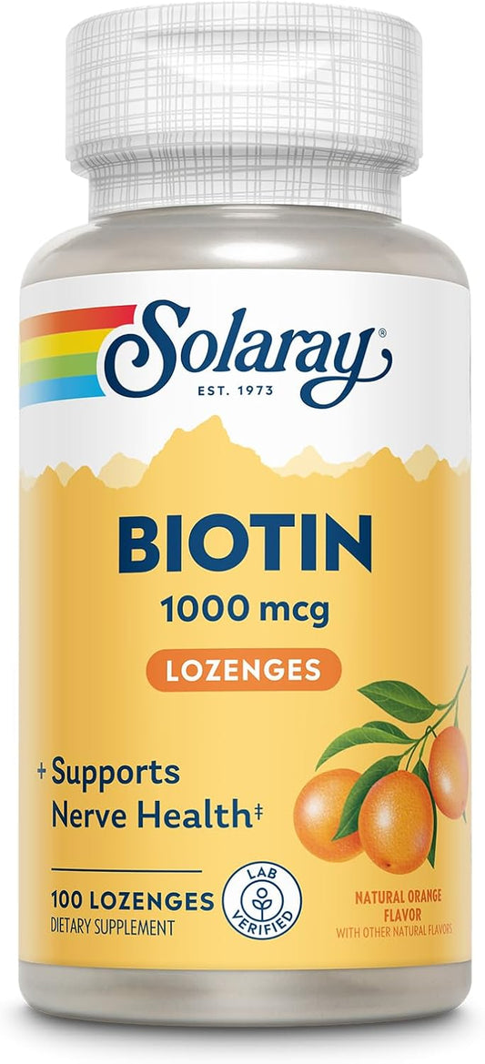 Solaray High Potency Biotin Lozenges with Natural Orange Juice Flavor - 1000 mcg for Hair, Skin, and Nails Support - 100 Count