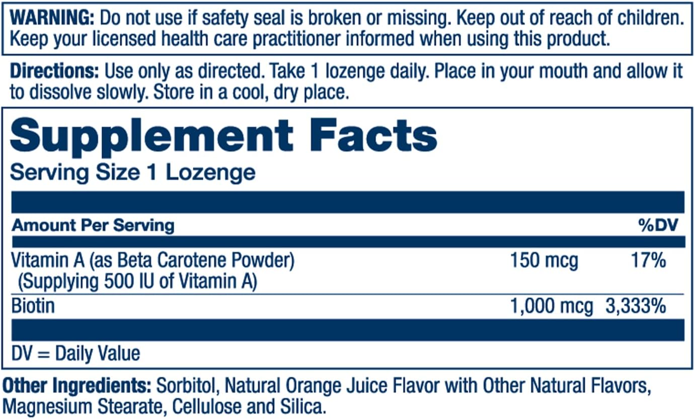 Solaray High Potency Biotin Lozenges with Natural Orange Juice Flavor - 1000 mcg for Hair, Skin, and Nails Support - 100 Count