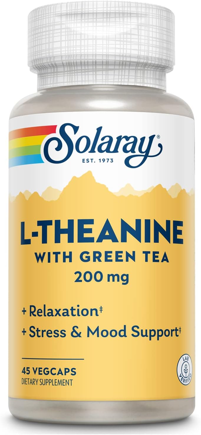 Solaray L-Theanine Supplement - 45 Vegetarian Capsules with 200 mg L-Theanine and 100 mg Green Tea Leaf Extract