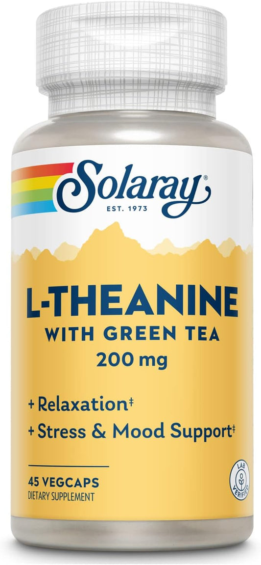 Solaray L-Theanine Supplement - 45 Vegetarian Capsules with 200 mg L-Theanine and 100 mg Green Tea Leaf Extract