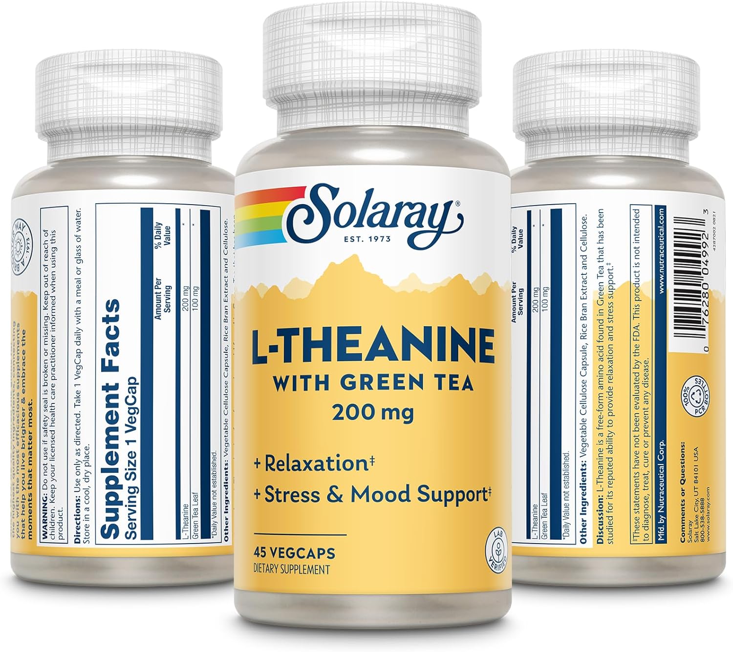 Solaray L-Theanine Supplement - 45 Vegetarian Capsules with 200 mg L-Theanine and 100 mg Green Tea Leaf Extract