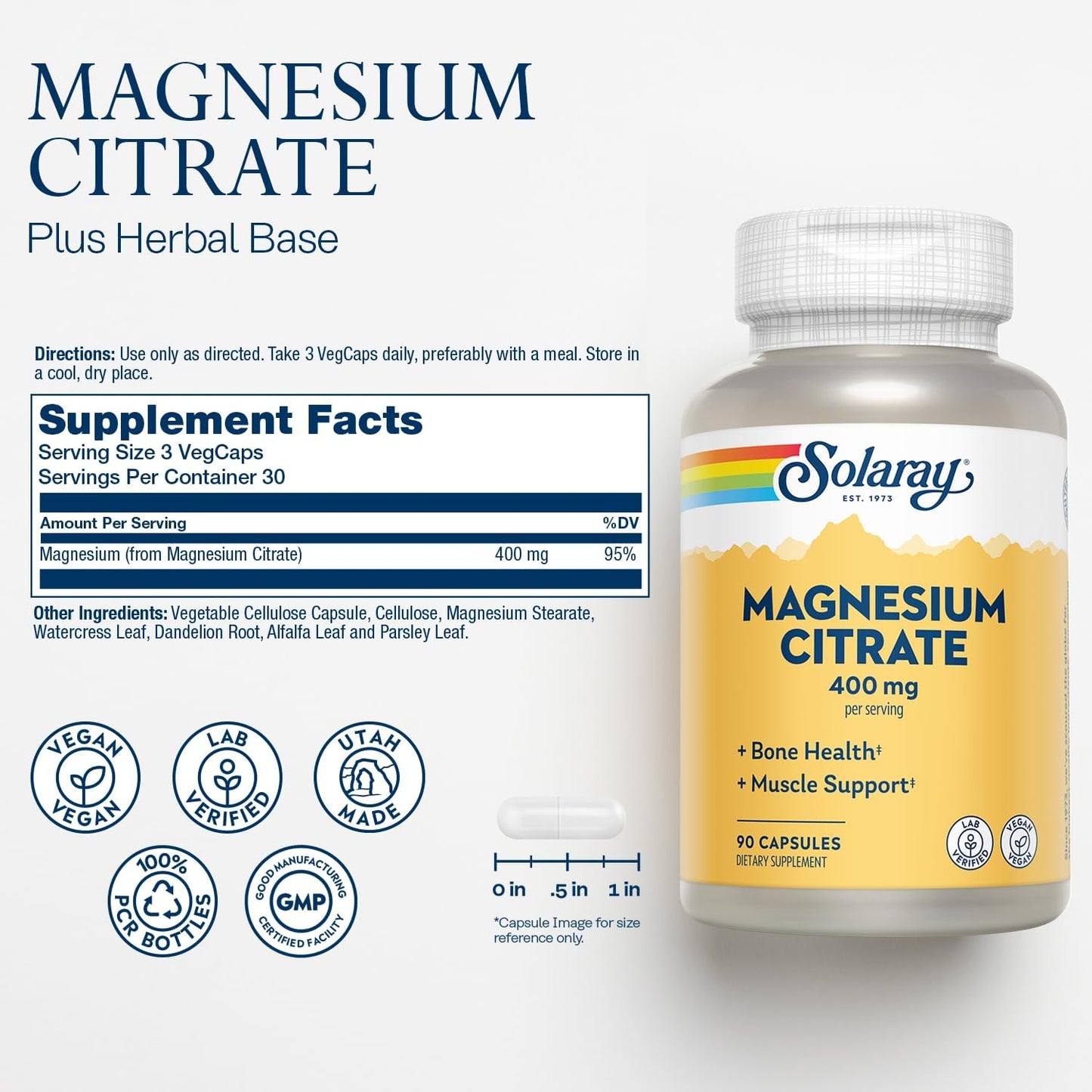 Solaray Magnesium Citrate 400mg VegCaps - Supports Bone Strength, Muscle Recovery, Digestion - Vegan, Lab Verified - 90 Count, 30 Servings - Money-Back Guarantee