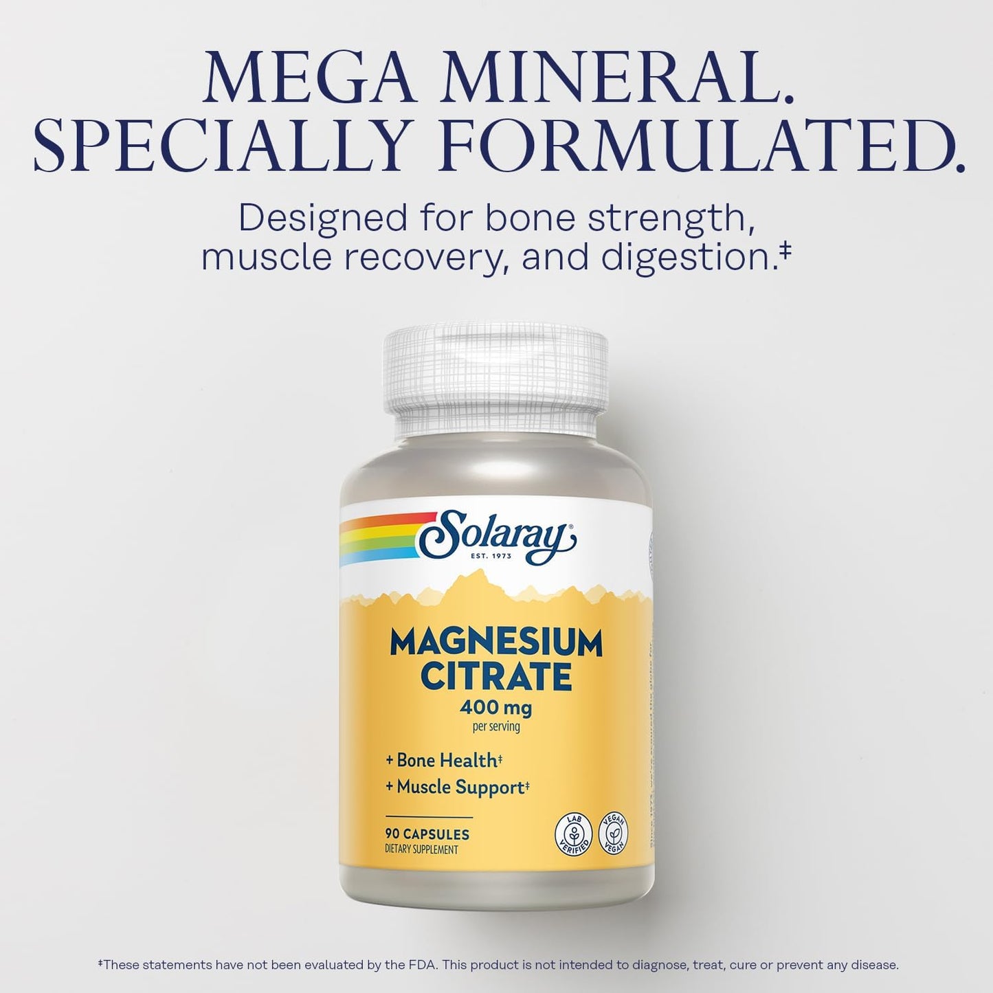 Solaray Magnesium Citrate 400mg VegCaps - Supports Bone Strength, Muscle Recovery, Digestion - Vegan, Lab Verified - 90 Count, 30 Servings - Money-Back Guarantee