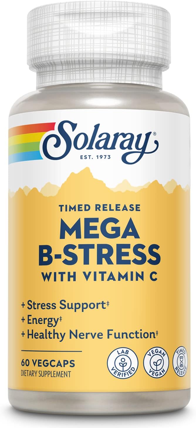 Solaray Mega Vitamin B-Stress with 1000mg Vitamin C - Timed-Release B Complex for Energy & Immune Support - Vegan - 60 VegCaps - 60 Day Guarantee