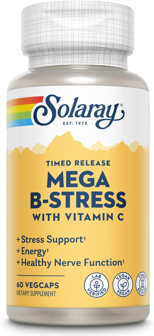 Solaray Mega Vitamin B-Stress with 1000mg Vitamin C - Timed-Release B Complex for Energy & Immune Support - Vegan - 60 VegCaps - 60 Day Guarantee