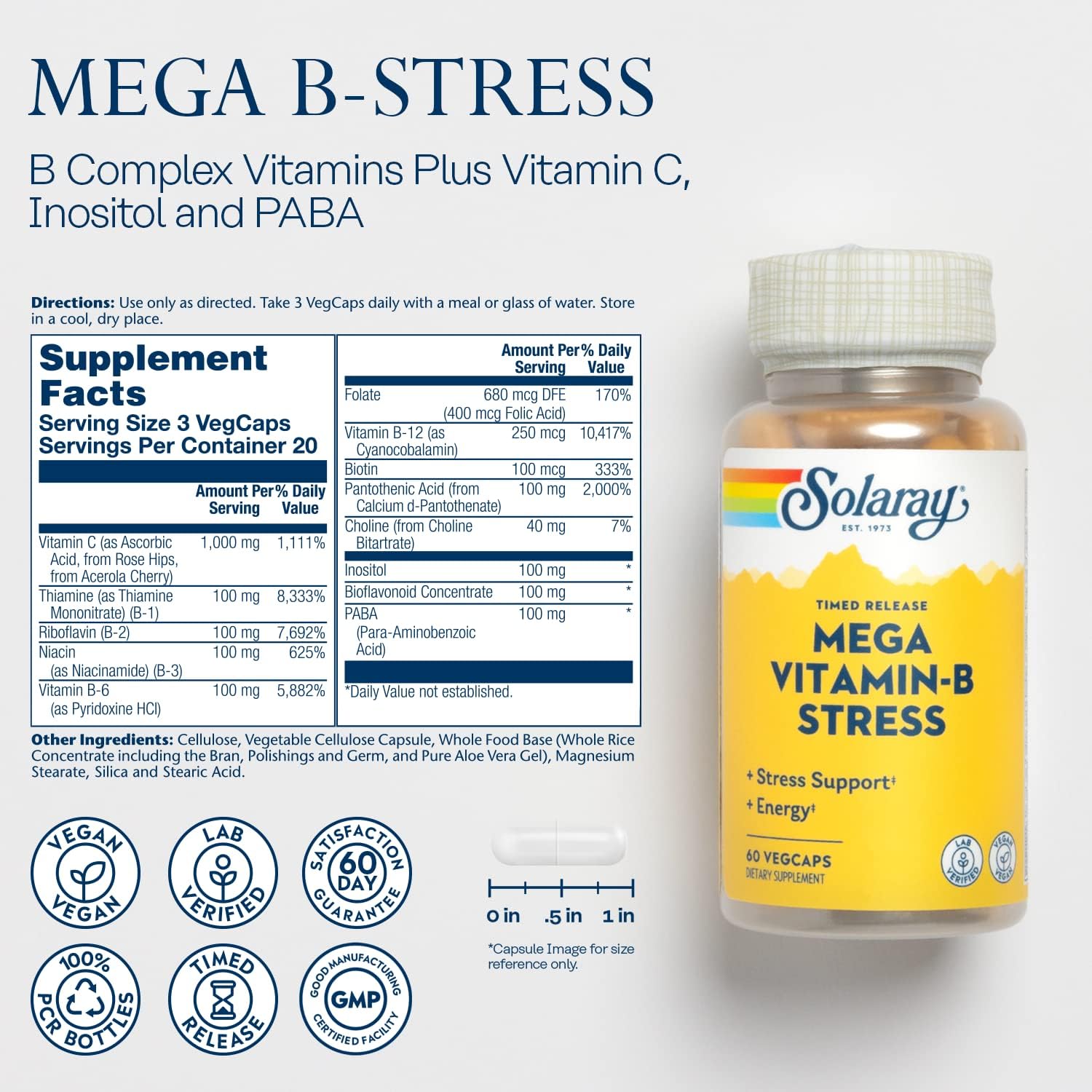 Solaray Mega Vitamin B-Stress with 1000mg Vitamin C - Timed-Release B Complex for Energy & Immune Support - Vegan - 60 VegCaps - 60 Day Guarantee