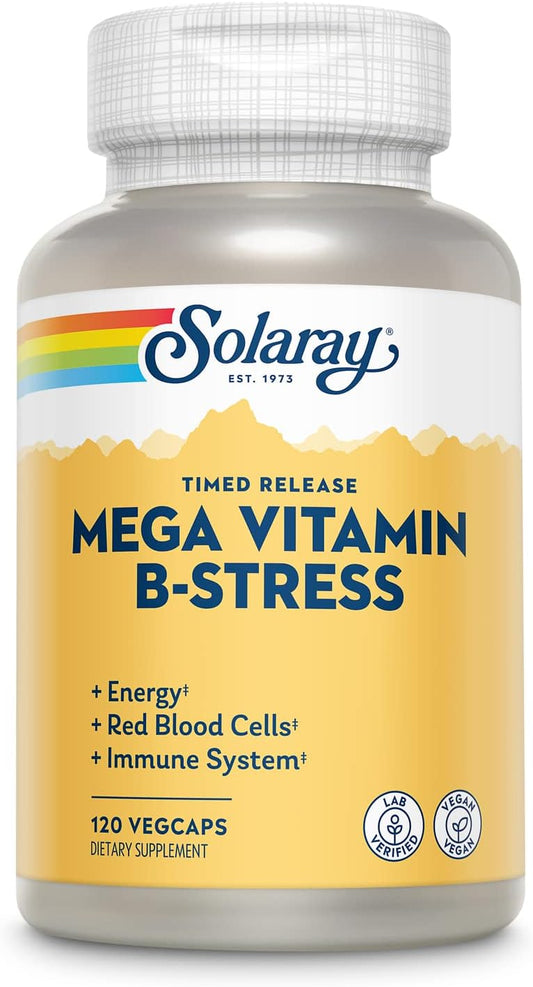 Solaray Mega Vitamin B-Stress with Timed-Release Vitamin B Complex and 1000mg Vitamin C - Energy & Immune Support - 120 VegCaps