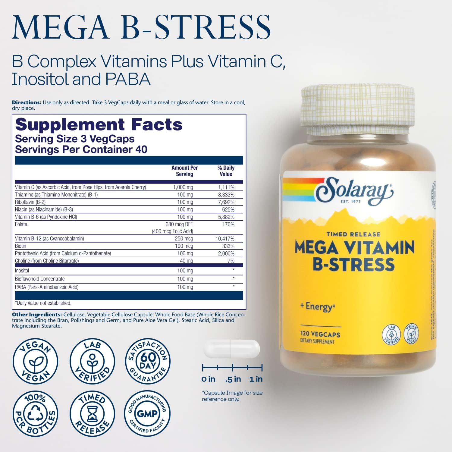 Solaray Mega Vitamin B-Stress with Timed-Release Vitamin B Complex and 1000mg Vitamin C - Energy & Immune Support - 120 VegCaps