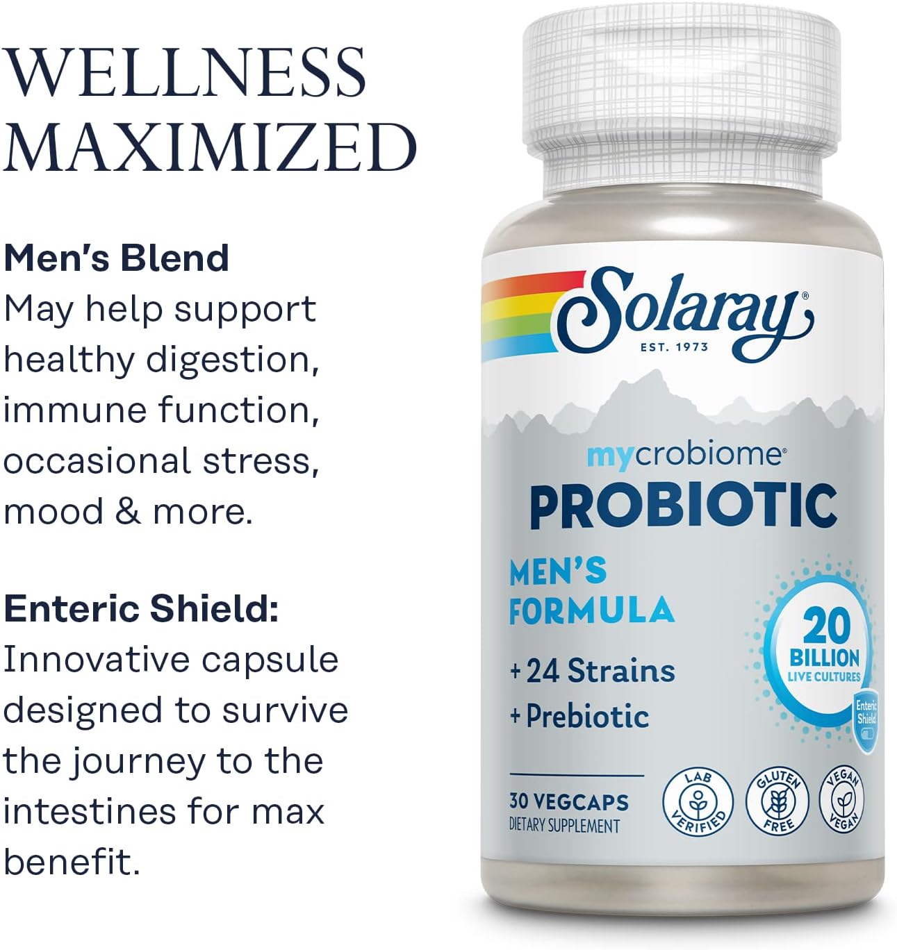 Solaray Men's Probiotic with 20 Billion CFU, 24 Strains & Prebiotic - Gut Health, Digestion, Immune Support - 30 VegCaps