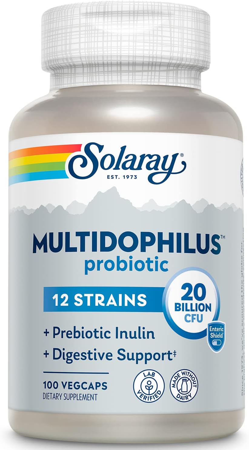 SOLARAY Multidophilus 12 Strain Probiotic - 20 Billion CFU, Digestive and Gut Health Support - 100 VegCaps, Dairy-Free