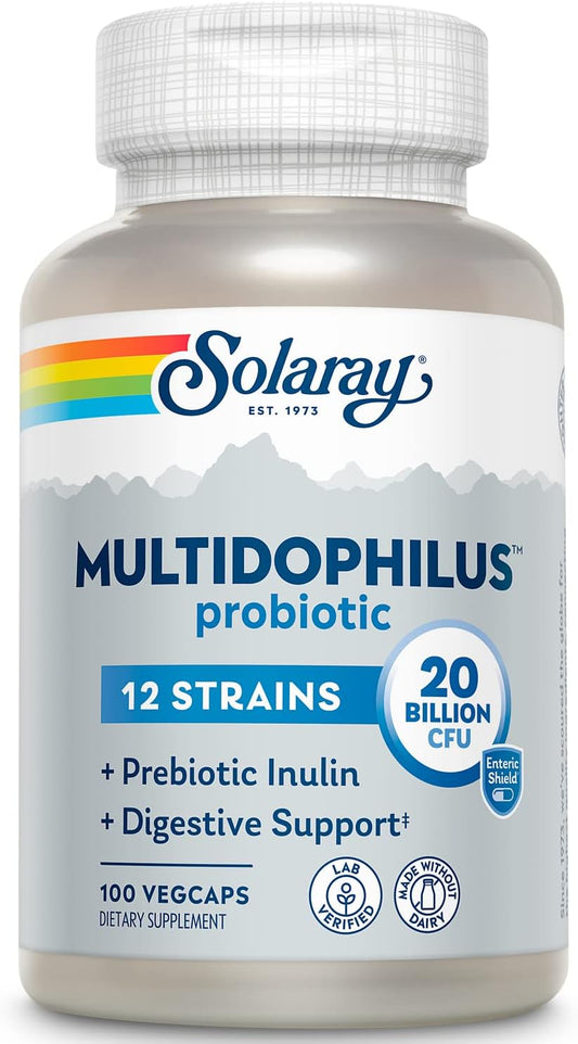 SOLARAY Multidophilus 12 Strain Probiotic - 20 Billion CFU, Digestive and Gut Health Support - 100 VegCaps, Dairy-Free