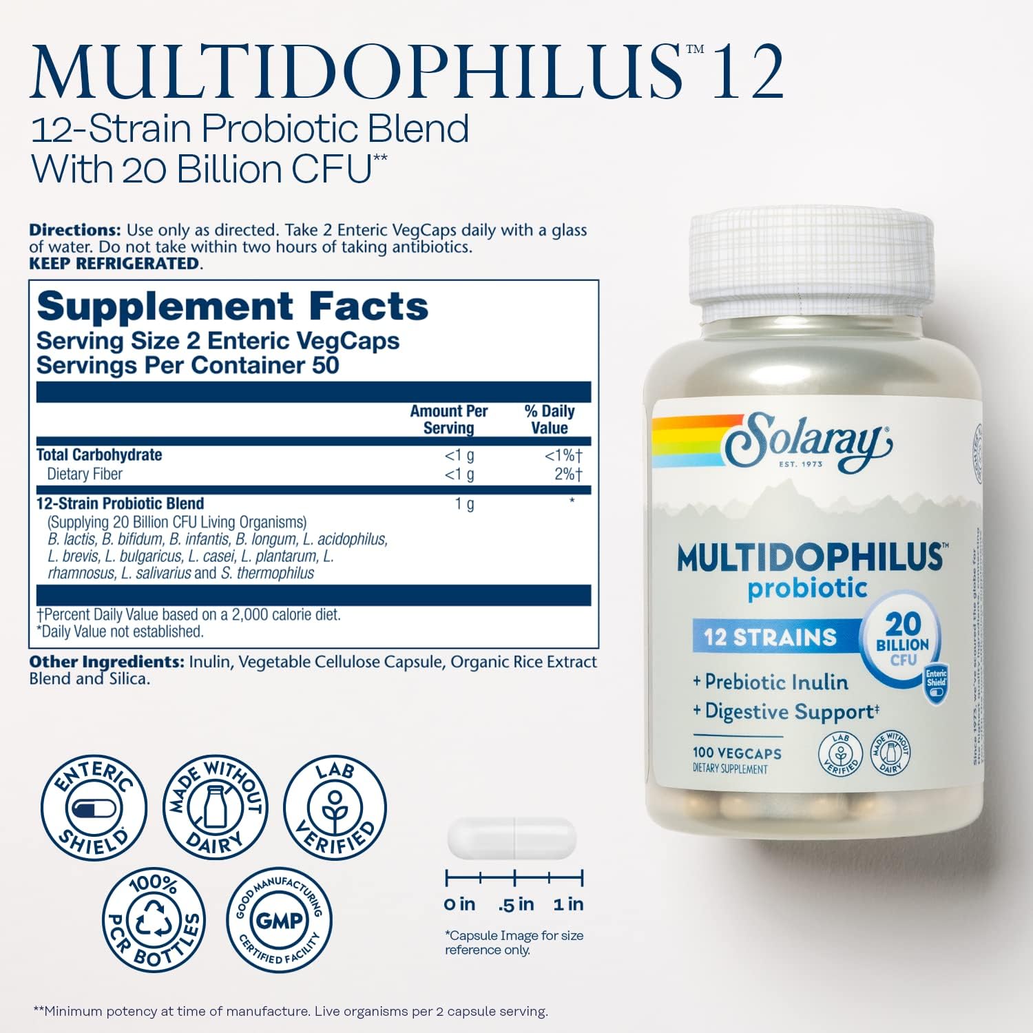 SOLARAY Multidophilus 12 Strain Probiotic - 20 Billion CFU, Digestive and Gut Health Support - 100 VegCaps, Dairy-Free