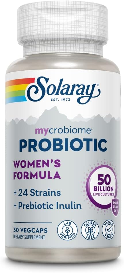 SOLARAY Mycrobiome Women's Probiotic with 24 Strains, Prebiotic Inulin, 50 Billion CFU - 30 VegCaps for Digestion, Mood, & UT Support
