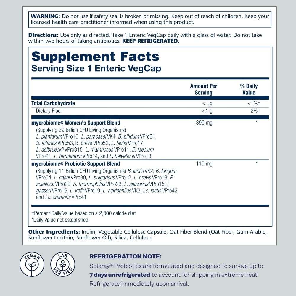 SOLARAY Mycrobiome Women's Probiotic with 24 Strains, Prebiotic Inulin, 50 Billion CFU - 30 VegCaps for Digestion, Mood, & UT Support
