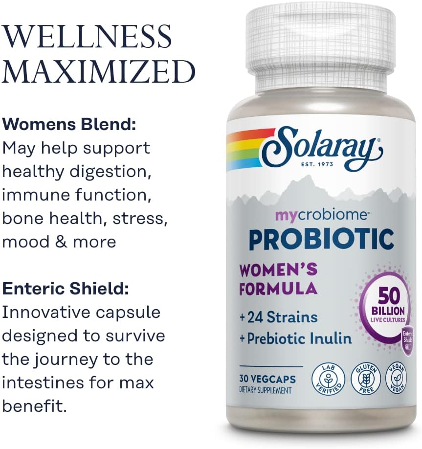 SOLARAY Mycrobiome Women's Probiotic with 24 Strains, Prebiotic Inulin, 50 Billion CFU - 30 VegCaps for Digestion, Mood, & UT Support