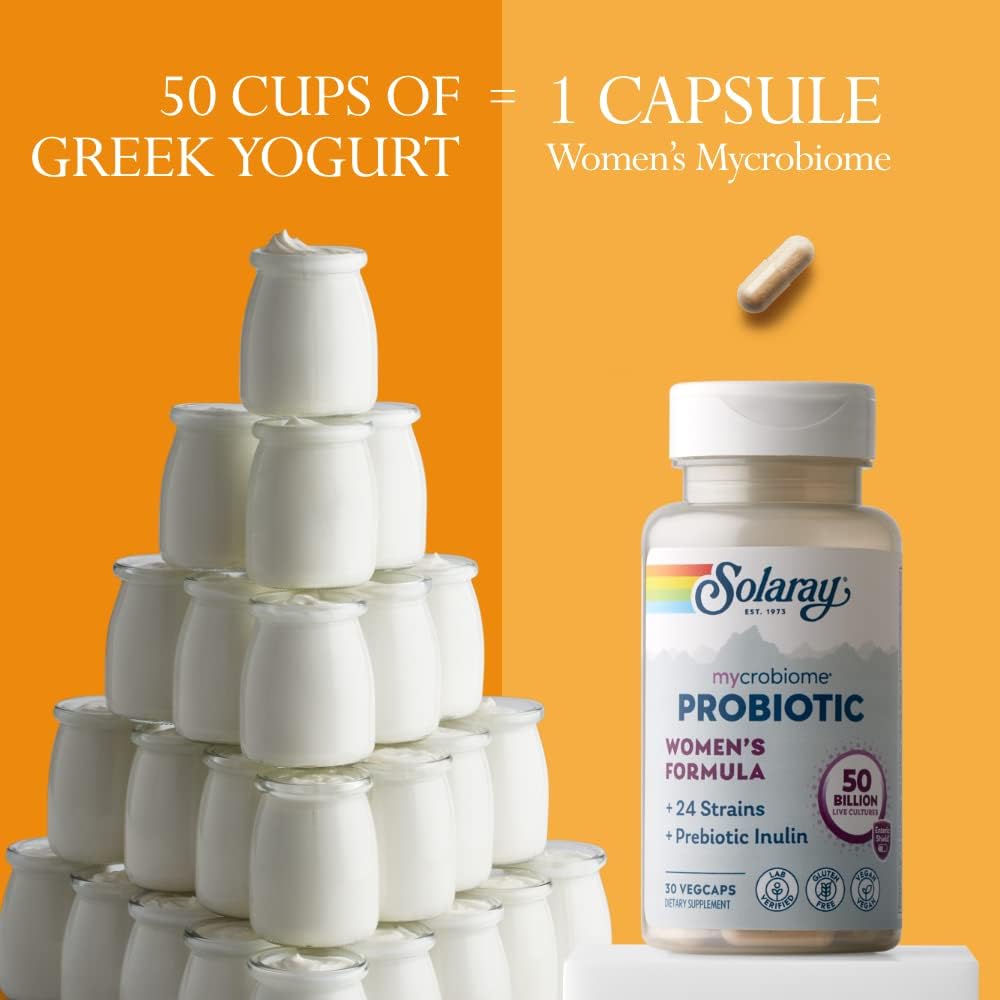 SOLARAY Mycrobiome Women's Probiotic with 24 Strains, Prebiotic Inulin, 50 Billion CFU - 30 VegCaps for Digestion, Mood, & UT Support