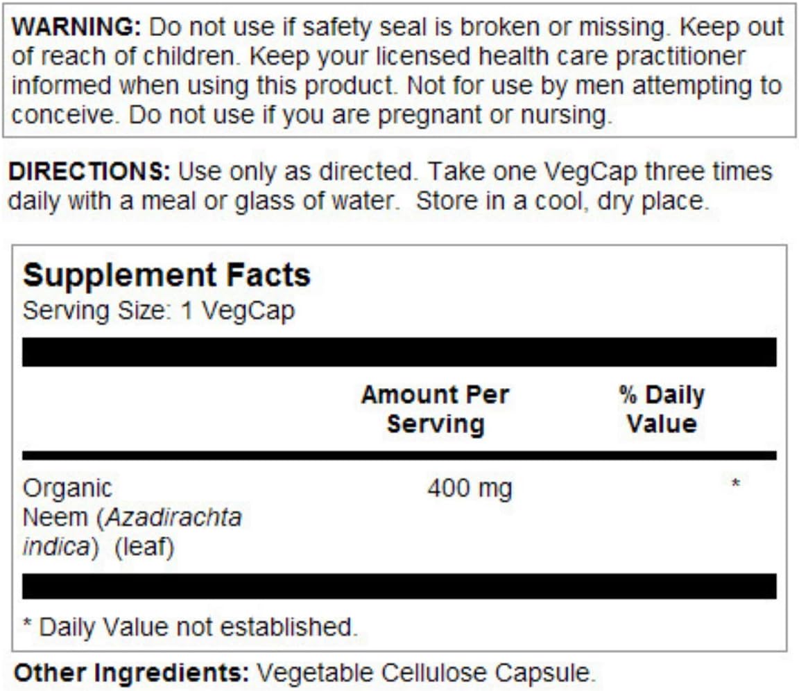 Solaray Neem Leaf Capsules - 400mg for Blood, Skin, & Immune Support - Non-GMO, Vegan, Lab Verified - 100 VegCaps
