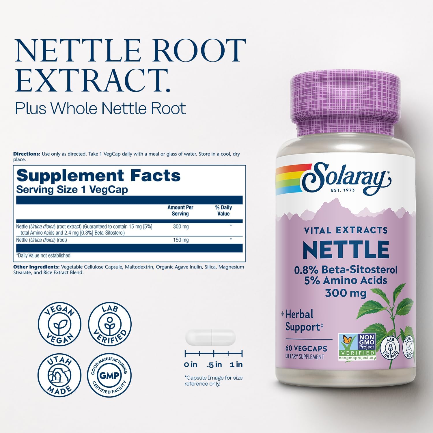 Solaray Nettle Root Extract 300mg with Amino Acids, Beta-Sitosterol - Urinary & Prostate Support for Men - Vegan - 60 Servings
