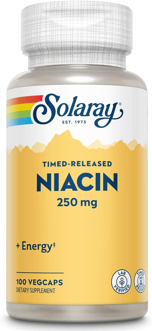 Solaray Niacin Timed-Release 250mg Capsules - Vitamin B3 Supplement for Skin, Heart, and Nervous System Support - 100 Count