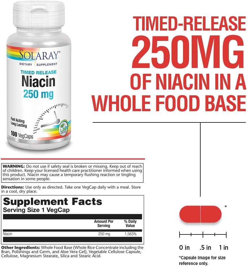 Solaray Niacin Timed-Release 250mg Capsules - Vitamin B3 Supplement for Skin, Heart, and Nervous System Support - 100 Count