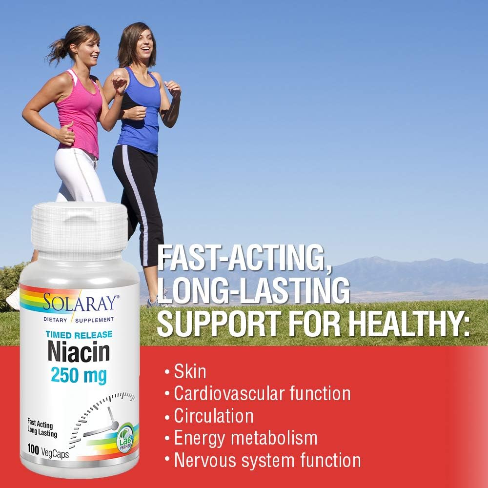 Solaray Niacin Timed-Release 250mg Capsules - Vitamin B3 Supplement for Skin, Heart, and Nervous System Support - 100 Count