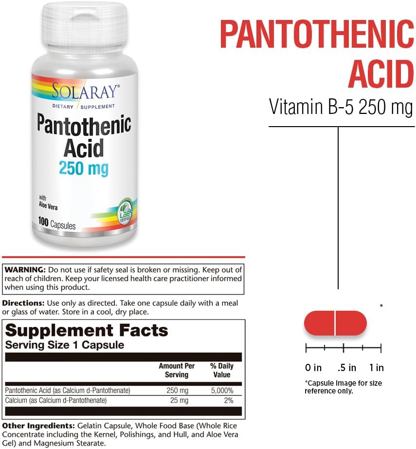 Solaray Pantothenic Acid 250mg Capsules for Energy Metabolism, Hair, Skin, Nails & Digestive Support - 100CT