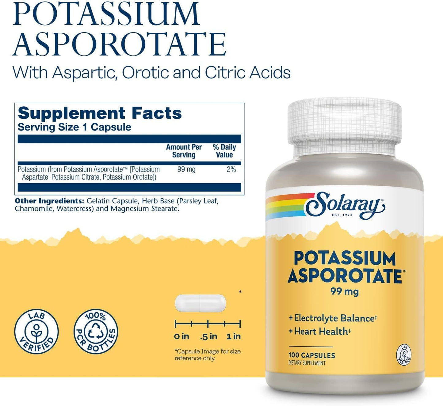 Solaray Potassium Asporotate Chelated Capsules - 100 Servings, Electrolyte Balance & Heart Health Support