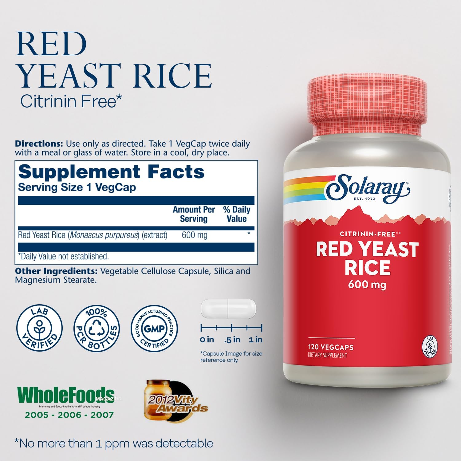 Solaray Red Yeast Rice 600mg VegCaps for System Support, Non-Irradiated, Lab Verified - 120 Count
