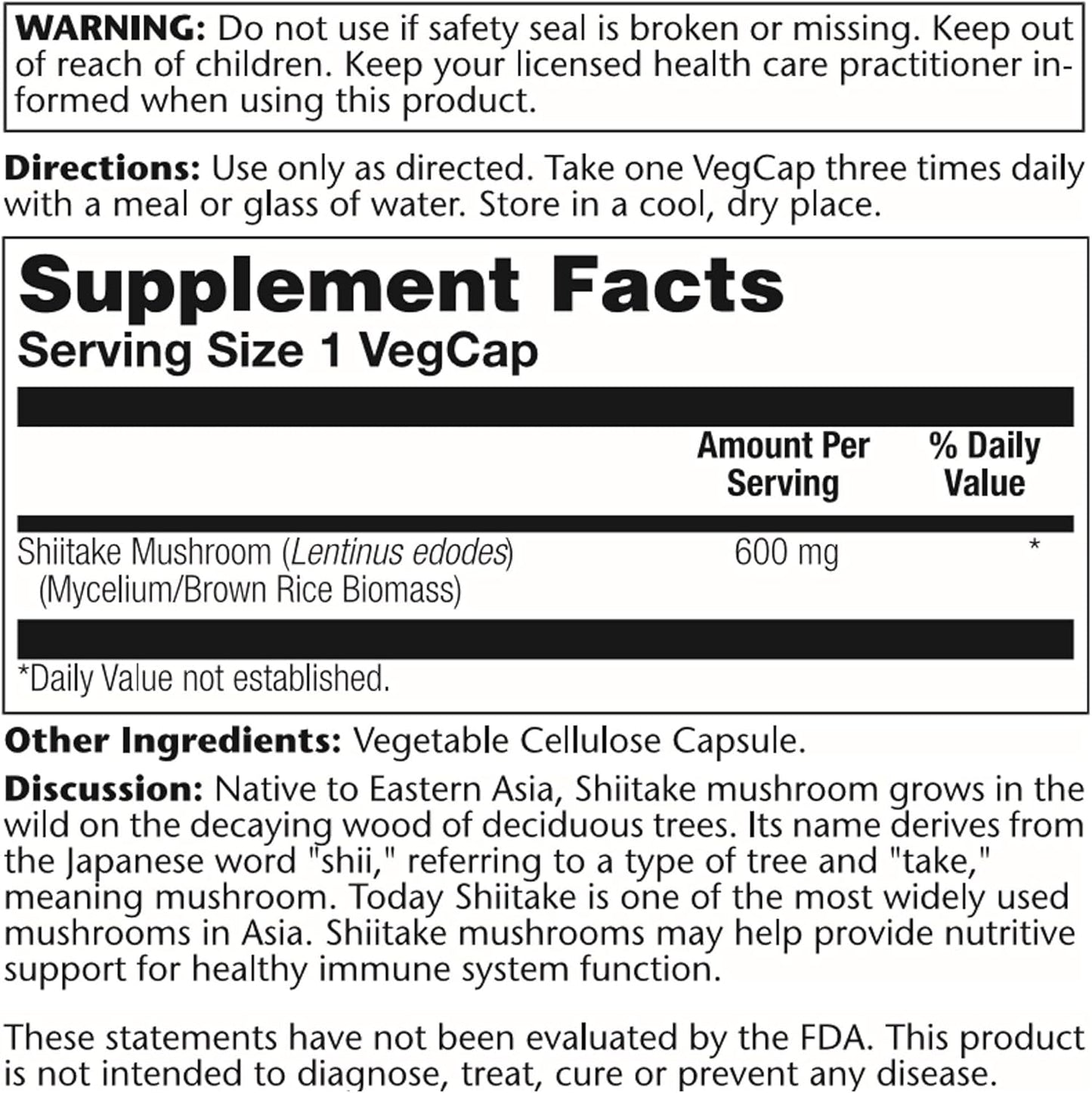 Solaray Shiitake Mushroom Capsules - 600 mg, 100ct - Immune Support Supplement