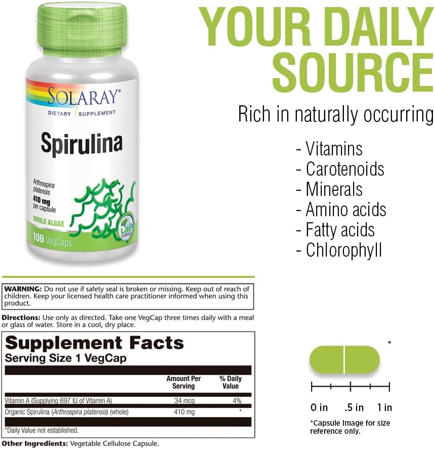 Solaray Spirulina Capsules - 410mg Algae Superfood for Energy & Health - 100 Count, 100 Servings