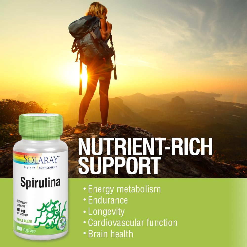Solaray Spirulina Capsules - 410mg Algae Superfood for Energy & Health - 100 Count, 100 Servings
