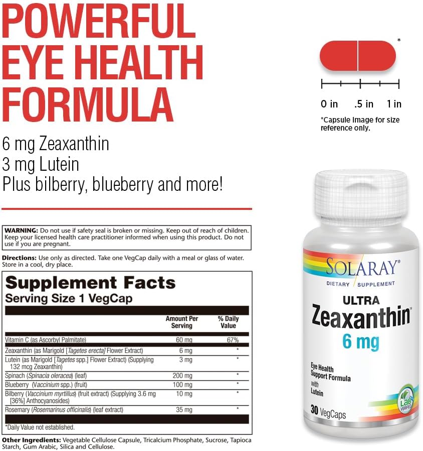 Solaray Ultra Zeaxanthin 6 mg Capsules for Eye Health & Macular Support - Includes Lutein, Bilberry & Blueberry - 30 Count