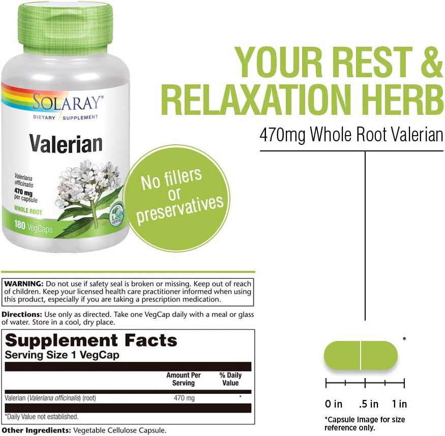Solaray Valerian Root Capsules 470mg | Natural Relaxation Supplement (180 Count)