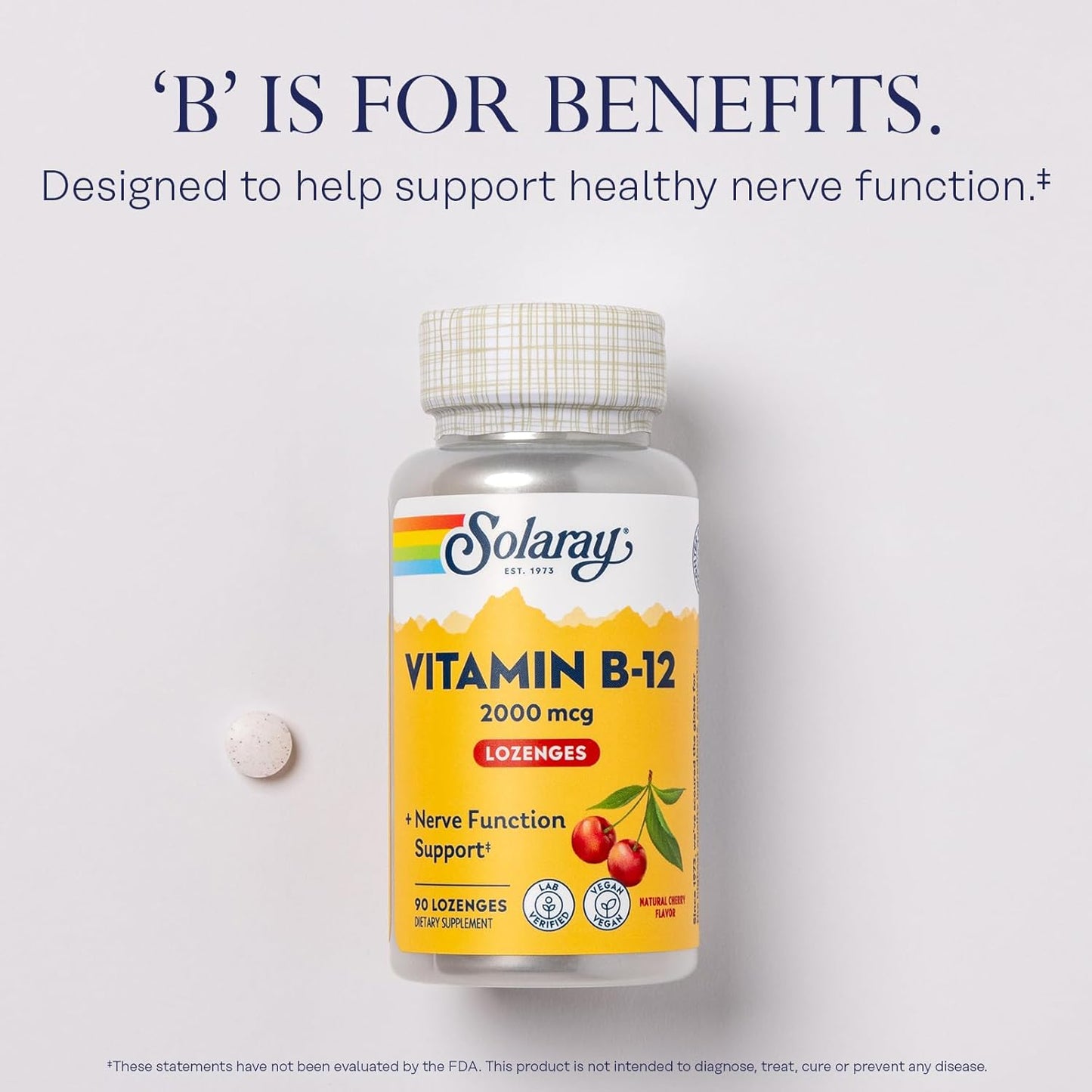 Solaray Vitamin B-12 2000 mcg Lozenges - Natural Cherry Flavor for Healthy Energy & Red Blood Cell Support - No Sugar - 90 Count