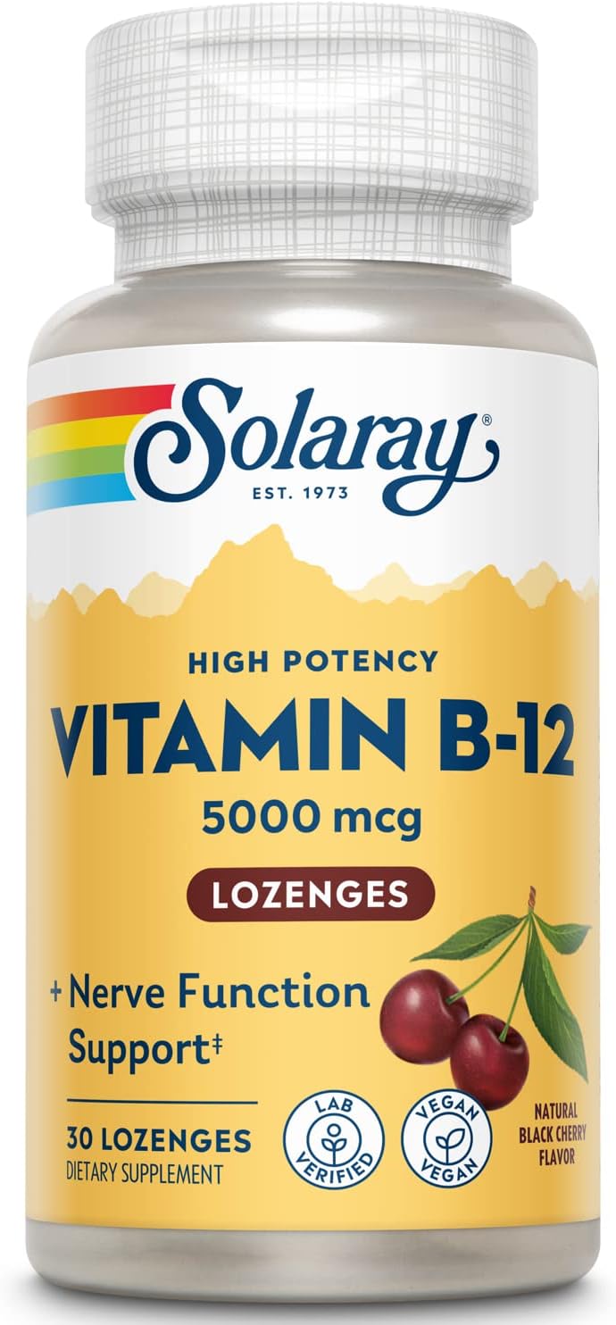 Solaray Vitamin B-12 5000mcg Lozenges with Natural Cherry Flavor - Supports Energy & Nerve Function - 30 Count