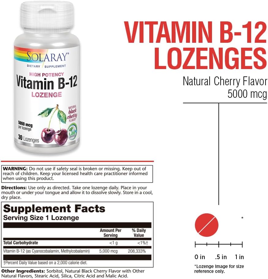 Solaray Vitamin B-12 5000mcg Lozenges with Natural Cherry Flavor - Supports Energy & Nerve Function - 30 Count