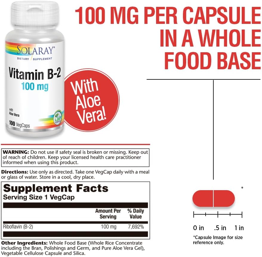 Solaray Vitamin B-2 Riboflavin 100 mg Capsules with Aloe Vera for Energy, Skin, Hair & Nails Support - 100 Count