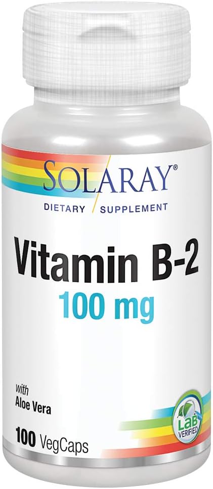 Solaray Vitamin B-2 Riboflavin 100mg Capsules with Aloe Vera for Energy Metabolism & Skin Health - 100 Count