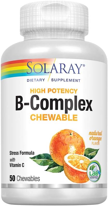 Solaray Vitamin B-Complex 250mg Chewables for Hair, Skin, Immune System & Metabolism | Natural Orange Flavor | Lab Verified - 50 Count
