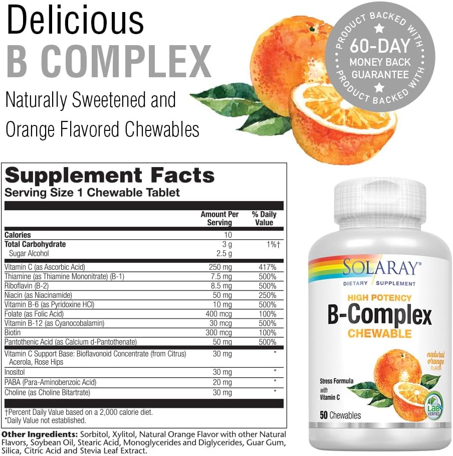 Solaray Vitamin B-Complex 250mg Chewables for Hair, Skin, Immune System & Metabolism | Natural Orange Flavor | Lab Verified - 50 Count