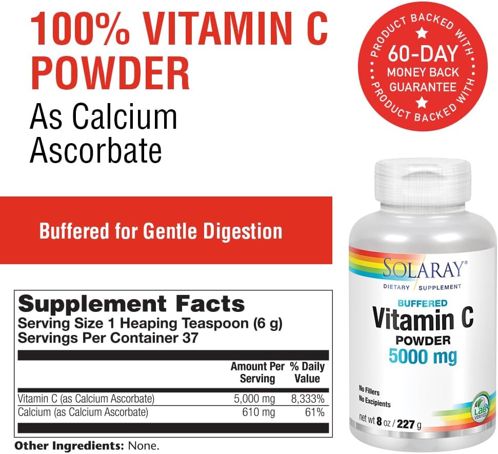 Solaray Vitamin C Crystalline Powder 5000mg | Buffered for Digestive Comfort | Supports Immune Health, Collagen Production & Antioxidant Defense | 8 oz Jar