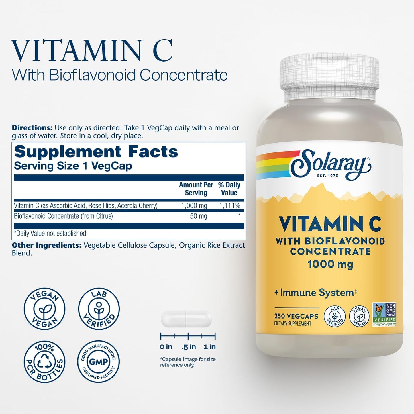 Solaray Vitamin C with Rose HIPS, Acerola & Bioflavonoids - 1000mg - Immune Support & Skin Health - Non-GMO, Vegan - 250 CT