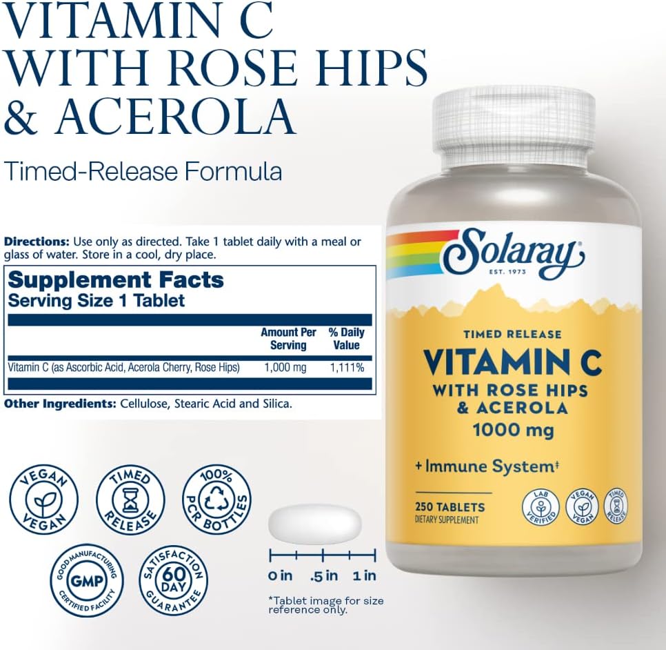 Solaray Vitamin C with Rose Hips and Acerola 1000mg Timed-Release Capsules for Immune Support, Skin Health, Non-GMO - 250 Count