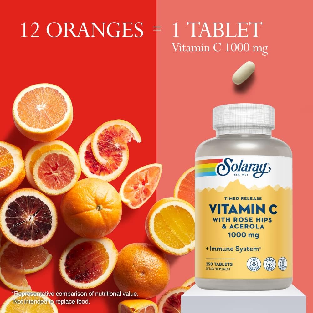 Solaray Vitamin C with Rose Hips and Acerola 1000mg Timed-Release Capsules for Immune Support, Skin Health, Non-GMO - 250 Count