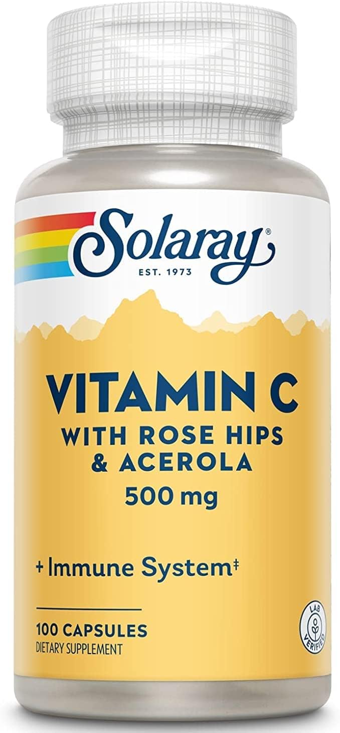 Solaray Vitamin C with Rose HIPS and Acerola 500mg Capsules - 100 Count (Pack of 2)