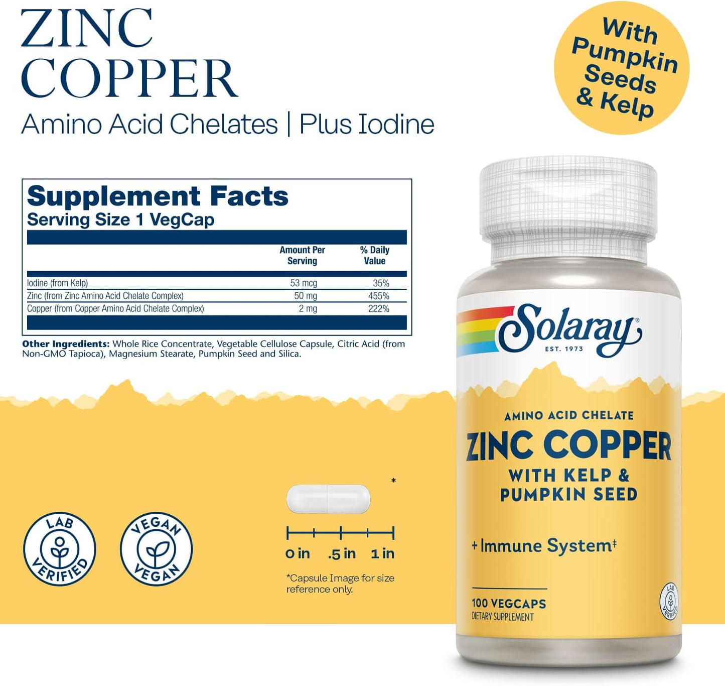 Solaray Zinc with Copper 100 VegCapsules - Immune Support and Antioxidant Supplement