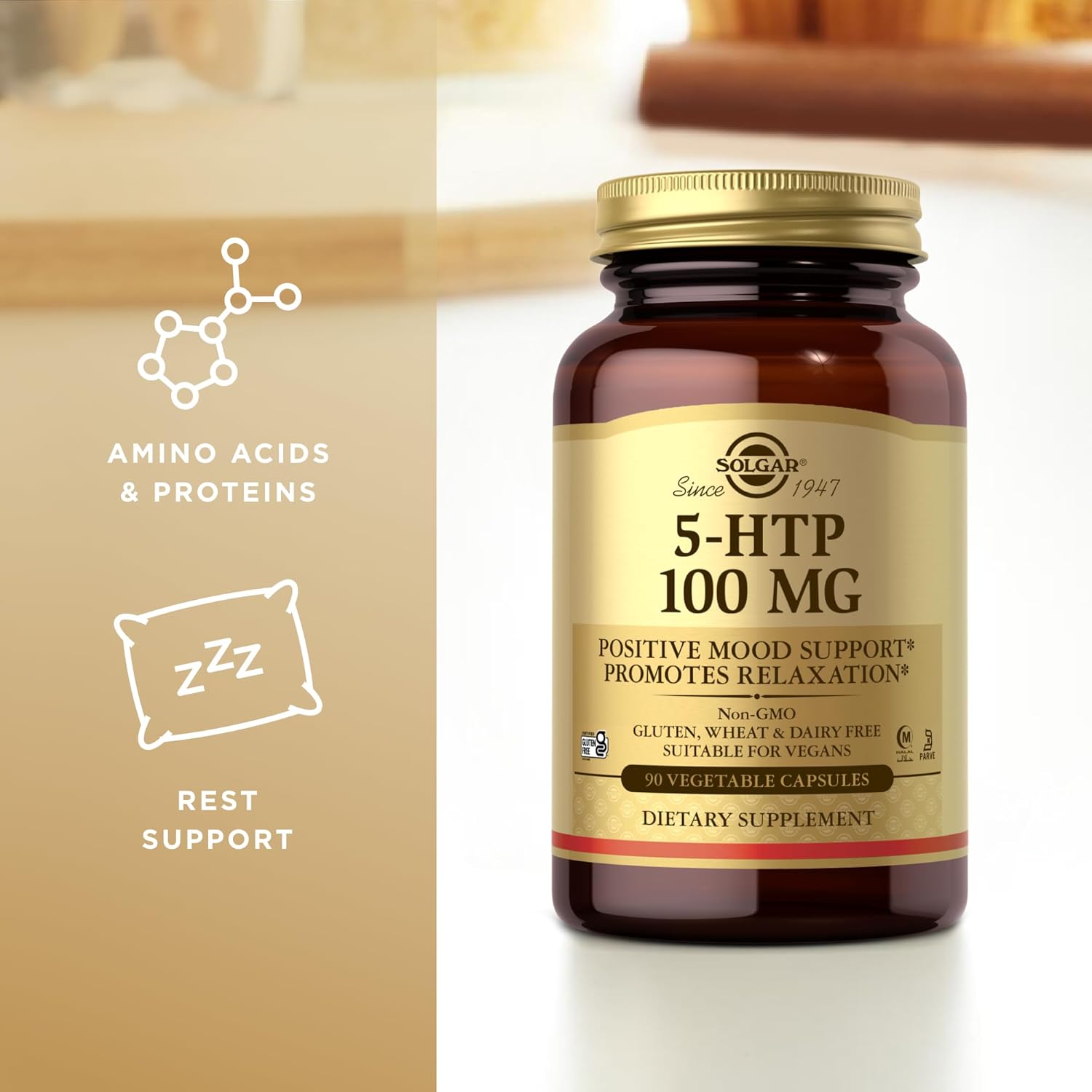 Solgar 5-HTP 100mg Capsules - Supports Relaxation - Non-GMO, Vegan, Kosher, Halal, Gluten-Free - 90 Servings